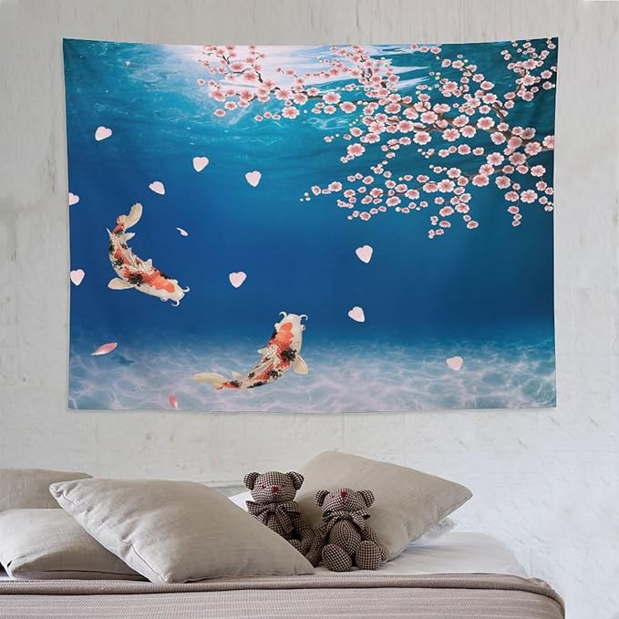 Japanese Koi Fish Tapestry, Cherry Blossoms Asian Oriental Blue Floral Branch Koi Fish Carp Tapestries Wall Hanging for Bedroom Living Room Office Decor 80"x60"-Ruum Studio Home