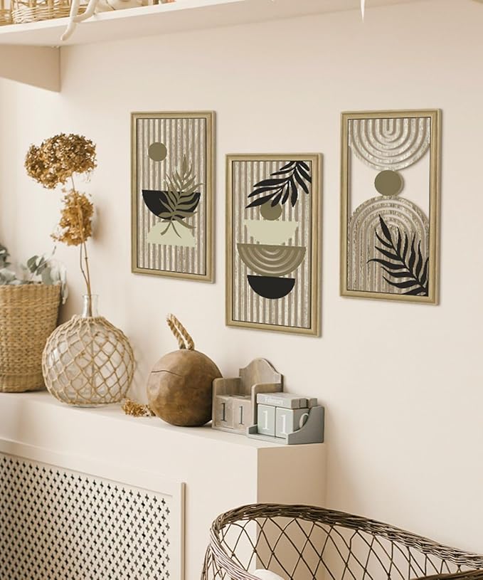 Putuo Decor Boho Abstract Wall Art, Set of 3, Modern Geometric Botanical Wooden Wall Decor, Mid-Century Minimalist Framed Artwork, Neutral Toned Aesthetic Prints, for Living Room, Bedroom, Office-Ruum Studio Home
