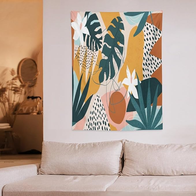 Abstract Bohemian Mid Century Tapestry, Tropical Leaves Modern Geometric Archway Minimalist Bohemian Botanical Aesthetic Wall Hanging, Sage Green Gold Home Decor Art for Bedroom 30x40 Inch-Ruum Studio Home