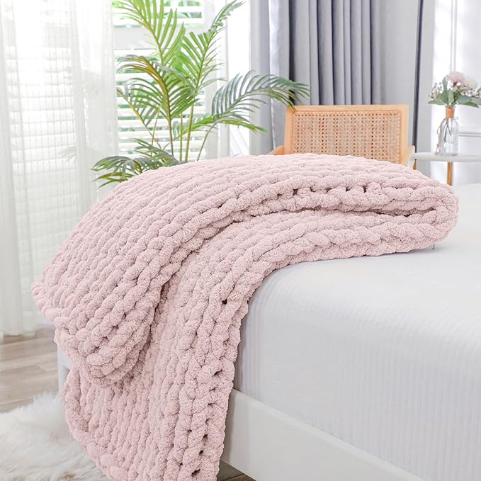 Bigacogo Chunky Knit Throw Blanket for Couch, 40x60 inches, 100% Hand Knitted with Thick Jumbo Chenille Yarn, Cozy Soft Large Rope Knot Cable Crochet Blankets for Sofa Bed Living Room, Rose Tan-Ruum Studio Home