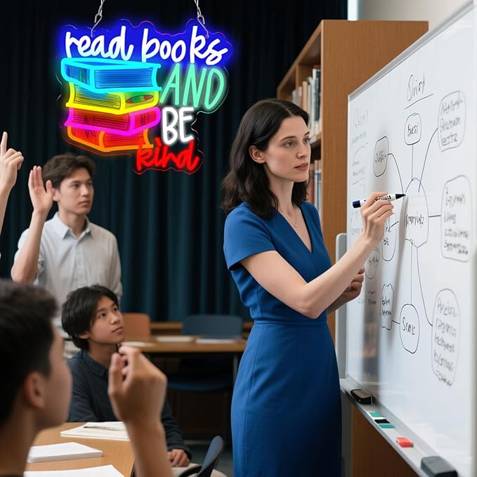 LED Read Books Be Kind Neon Signs Classroom Neon Lights Wall Decor for Reading Room, Classroom, Bookstore, Library, Museum, Study Room Gifts Art for Book Lover, Kids,Friends,family-13.4 x 12.6 IN-USB Powered-Acrylic-Ruum Studio Home