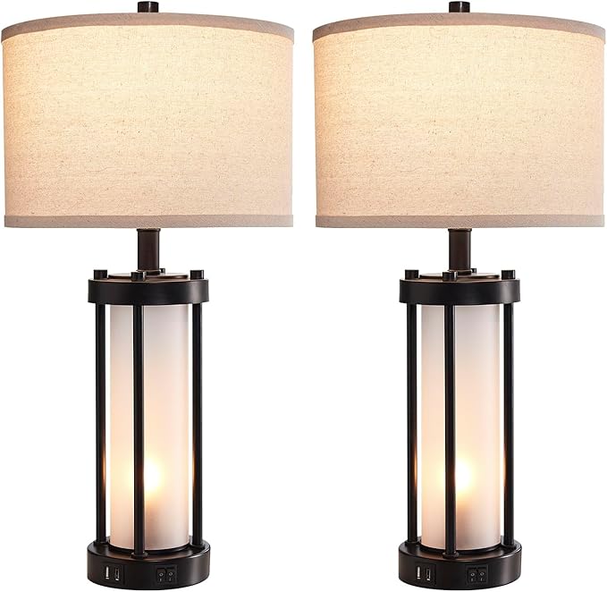 RORIA Set of 2 Modern Table Lamps for Living Room with 2 USB Ports, White Frosted Glass Nightlight for Bedroom, Contemporary Desk Lamps for Nightstand End Table Entryway, 4 Bulbs Included (Black)-Ruum Studio Home