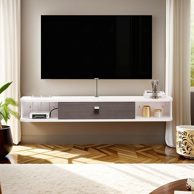 Pmnianhua Floating TV Console, 70'' Wall-Mounted Media Console TV Cabinet Floating TV Stand Entertainment Shelf with Door and Storage (Grayish-White)-Ruum Studio Home