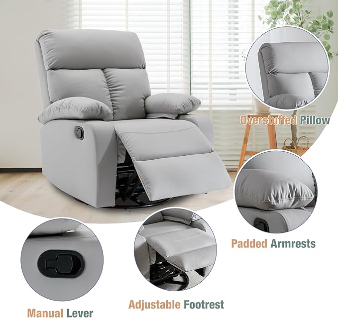 Swivel Rocker Recliner, Rocking Recliner Chair, Small Rocker Recliners for Small Spaces, Living Room, Bedroom, Nursery, RV, Light Grey-Ruum Studio Home
