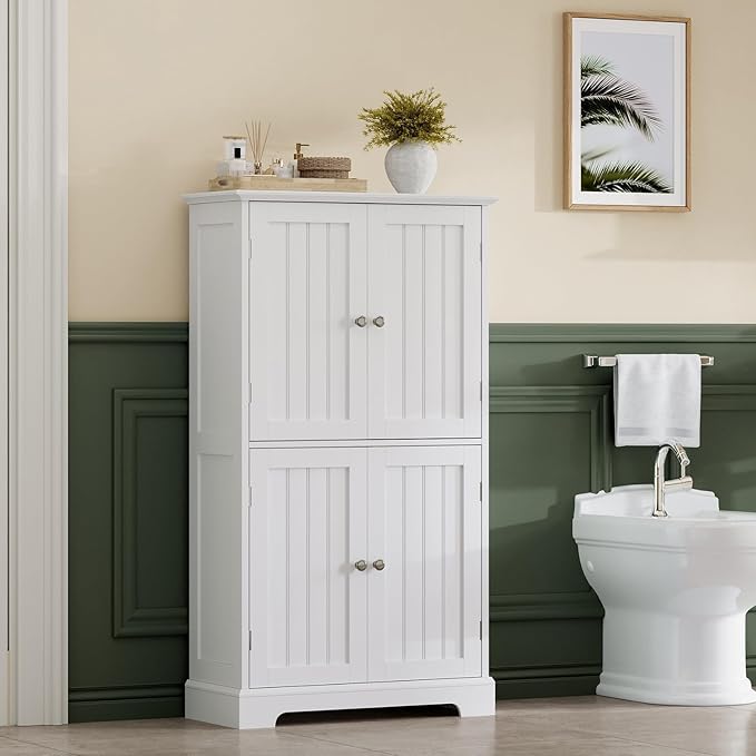 ChooChoo Bathroom Floor Cabinet, Modern Bathroom Storage Cabinet with 4 Doors and Adjustable Shelves, Freestanding Cupboard for Living Room, White-Ruum Studio Home