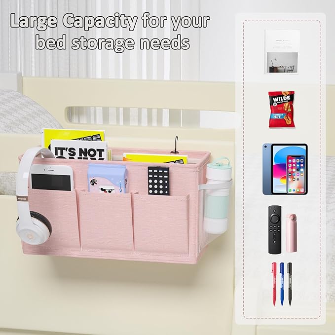 Dual-purpose Bedside Caddy Bedside Organizer, Bed Caddy with 6 Pockets, Versatile Bedside Storage Solution Magazine Remotes holder, ideal for Home, Dorm, Hospital, Crib Bed (Pink)-Ruum Studio Home
