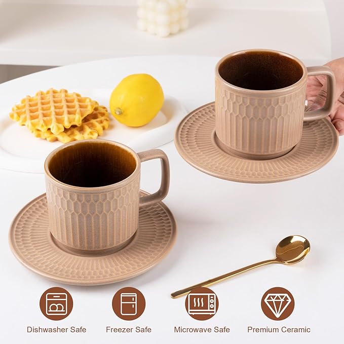 Large Cappuccino Cups with Saucers Set of 4, 8 Ounce Stackable Embossed Ceramic Coffee Mugs for Specialty Coffee Drinks, Latte, Cafe Mocha and Tea, Dishwasher & Microwave Safe (Brown)-Ruum Studio Home