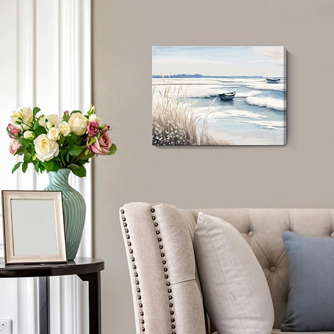 amatop Coastal Wall Art - Nautical Ocean Canvas Print with Light Blue & White Seascape, Boat, Reeds - Beach Picture for Modern Farmhouse, Lake House, Bedroom, Bathroom, Beach-Themed Artwork，16x12-Ruum Studio Home
