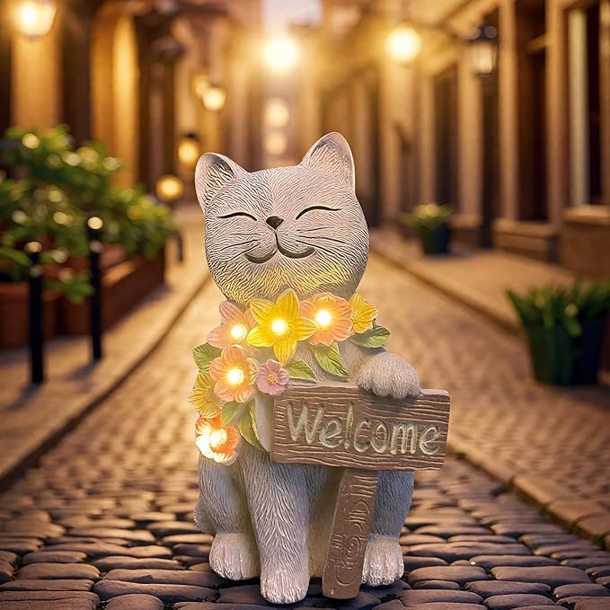 Solar Cat Garden Statue for Outdoor Decor, Cat Solar Light with Flowers, Resin Welcome Cats for Garden, Yard, Lawn Decor, Cats Lover Gifts for Women-Ruum Studio Home