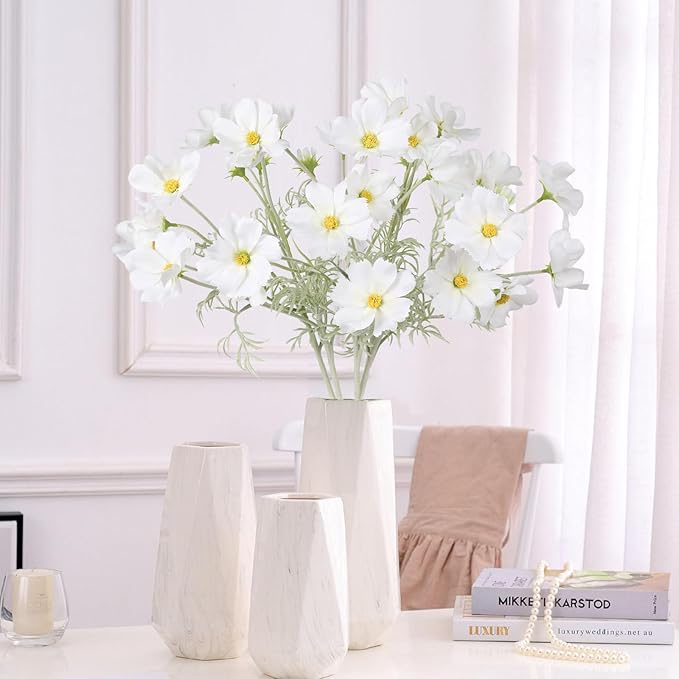 IPOPU White Daisy Flowers Artificial Cosmos 5PCS White Fake Wildflowers 24.5" Silk Flowers with Stems for Home Decor Indoor Artificial Daisies for Wedding Bouquets Floral Craft-Ruum Studio Home