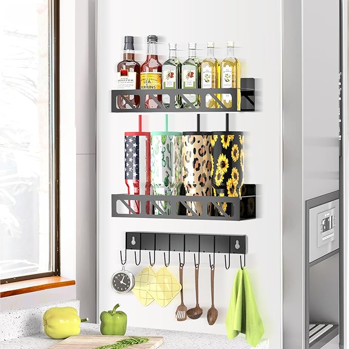 Magnetic Spice Rack Organizer for Fridge Seasoning Organizer for Kitchen storage with Screw or Adhesive Hanging,Magnetic Shelf with Hook for Refrigerator and Oven (2pack)-Ruum Studio Home