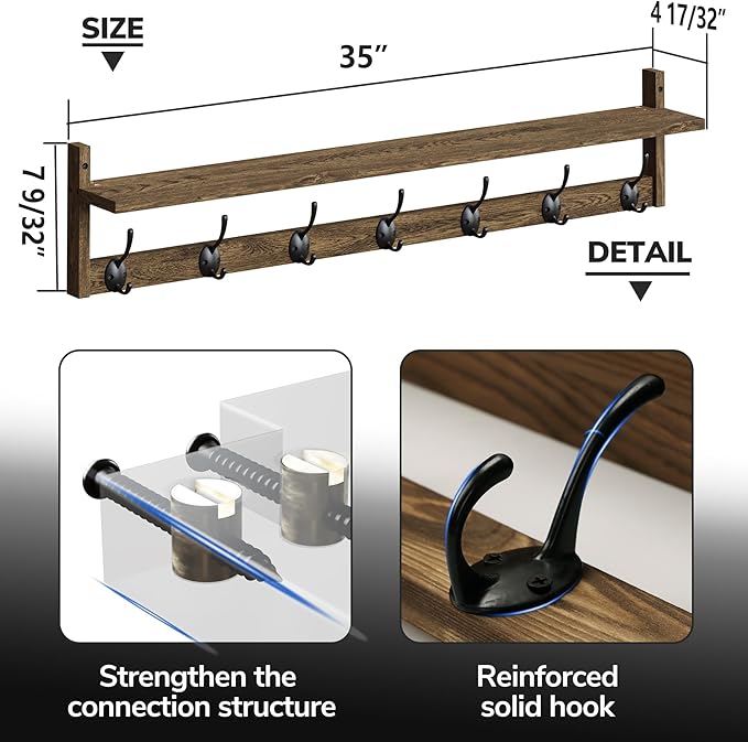 BAMEOS Coat Rack Wall Mount, Large Wooden Coat Hooks with Shelf, 35" L, 7 Dual Metal Hooks for Entryway, Bathroom, Kitchen, Living Room, Bedroom-Ruum Studio Home