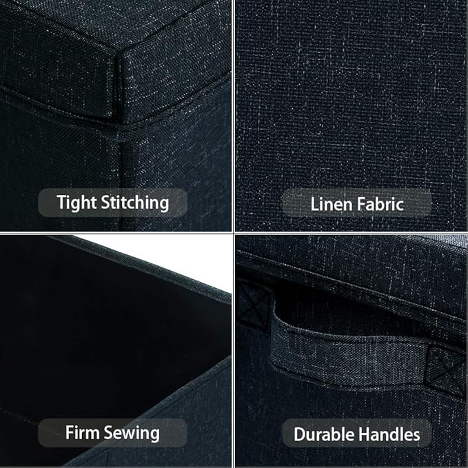 HOONEX Linen Foldable Storage Bins with Lids, 2 Pack, Storage Boxes with Carrying Handles and Sturdy Heavy Cardboard, 16.5" L x 11.8" W x 7.5" H for Shoes, Books, Clothes, Nursery, Dark Grey-Ruum Studio Home