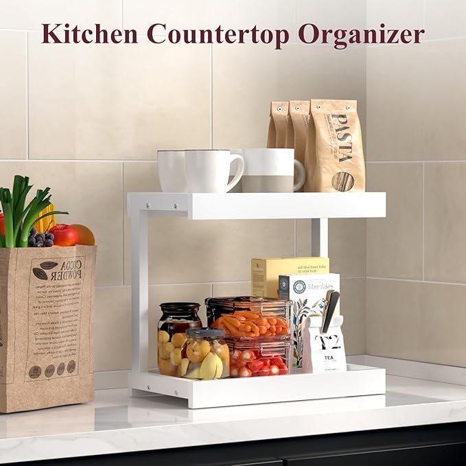MARTY 2 Tier 15.75"x8.9" Large Countertop Shelf Organizer Spice Rack, Coffee Station Organizer for Mugs Cups, Wooden Shelf Desktop Storage Organizer for Kitchen Bathroom Home Office (White)-Ruum Studio Home