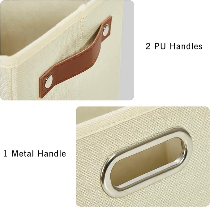 Large 3-Pack Foldable Fabric Storage Bins with Durable PU & Metal Handles , Collapsible Storage Baskets for Shelves, Home Storage, Closet Organizers, Living Room(14.9"x9.8"x9.8", Beige)-Ruum Studio Home