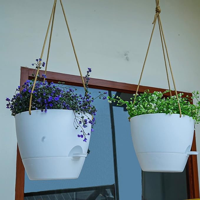 10 Inch Self Watering Hanging Pots, 2 Pack Hanging Planters with 40oZ Deep Reservior for Indoor Outdoor Plants Flowers, White-Ruum Studio Home