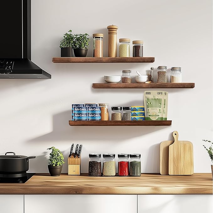 Floating Wall Shelves 3-Pack - 24-Inch Rustic Brown Wooden Shelves for Storage and Décor, Easy Installation for Living Room, Bedroom, and Kitchen-Ruum Studio Home