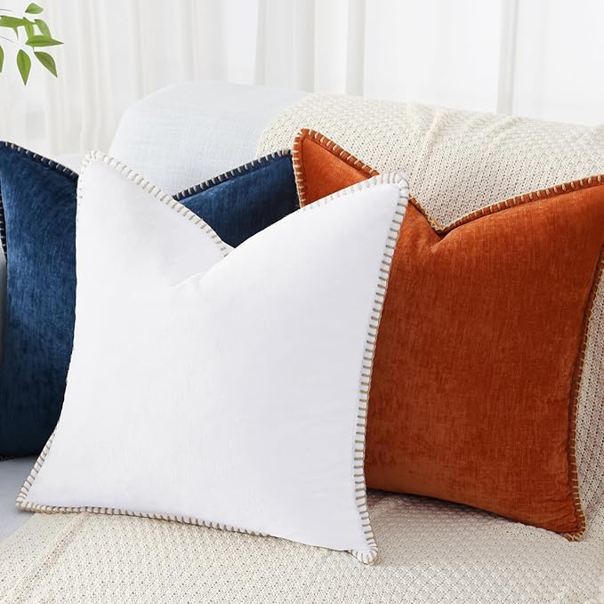 decorUhome Chenille Soft Throw Pillow Covers 16x16 Set of 2, Farmhouse Velvet Neutral Decorative Euro Pillow Covers with Stitched Edge for Couch Sofa Bed Home Decor, White-Ruum Studio Home