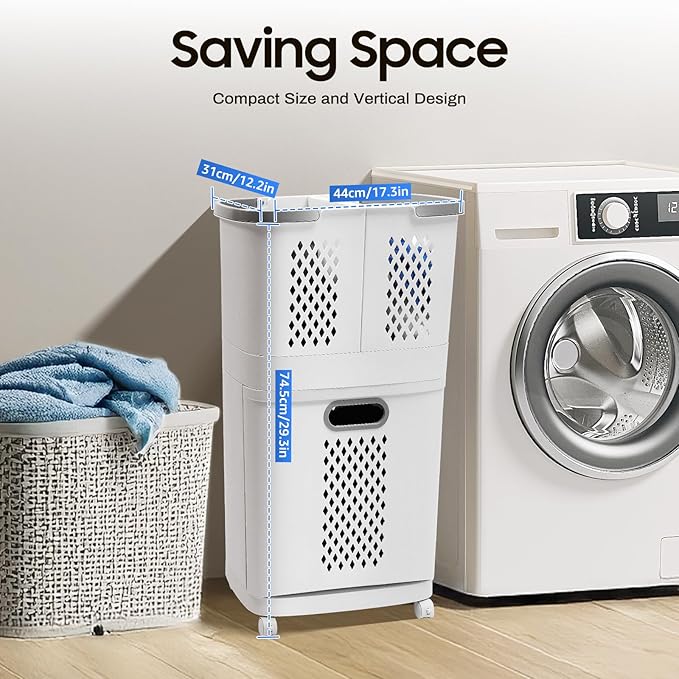 Movable Household Laundry Basket,2 Tier Laundry Hamper Basket Sorter with Wheels&Handle,Large Hand-Held Laundry Basket Clothes Storage Organizer for Bathrooms Bedrooms-Ruum Studio Home