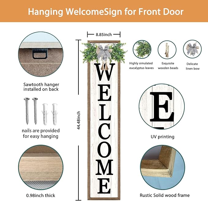 Surfapans Welcome Sign for Front porch Standing 45"X9"Large Wood Frame Outdoor Tall Welcome Signs Vertical Decor for Farmhouse Rustic Home Modern Outside Front Door Wall Decorations (Wood White)-Ruum Studio Home