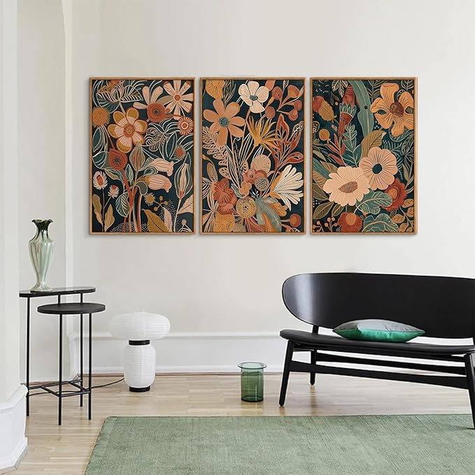 Tinonedraw Vintage Burnt Orange Floral Framed Canvas Wall Art Set of 3, Boho Chic Flower Artwork, Mid Century Modern Plant Wall Decor, Colorful Neutral Botanical Art Prints for Bedroom Living Room Office 16"x24"-Ruum Studio Home