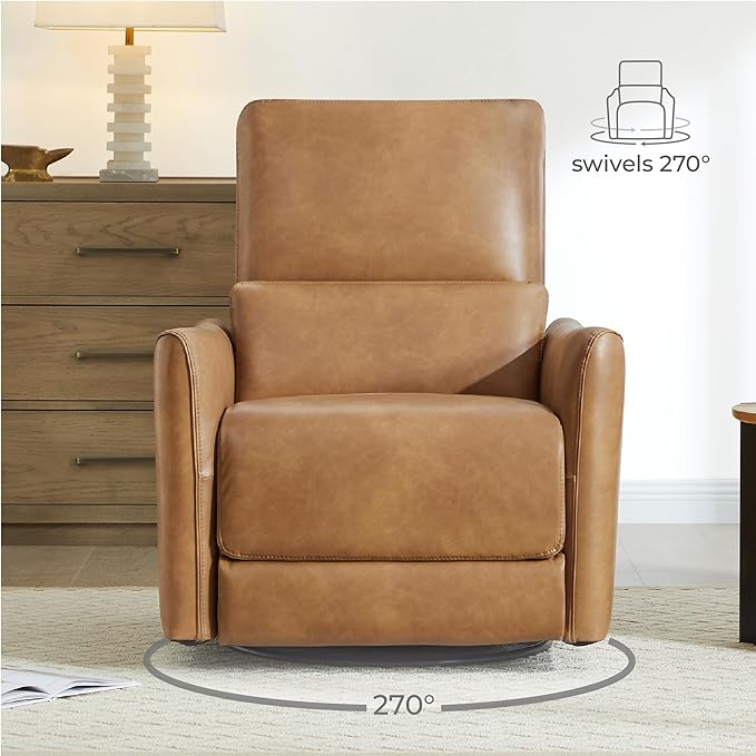 CHITA Power Recliner Chair Swivel Glider, FSC Certified Upholstered Faux Leather Living Room Nursery Reclining Sofa Chair with Lumbar Support, Cognac Brown-Ruum Studio Home