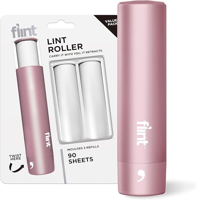 Flint Rose Gold Retractable Mini Lint Roller with 90 Extra Sticky Sheets, Small and Portable Lint Roller, Ideal Pet Hair Remover, Travel Lint Rollers for pet Hair Extra Sticky-Ruum Studio Home