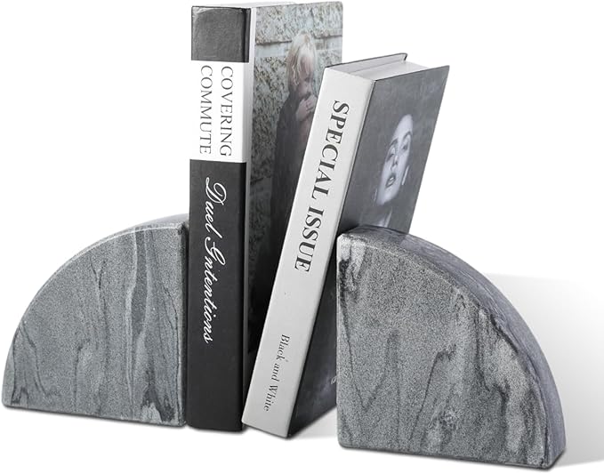 Marble Bookend for Shelves, Non-Skid Bookends for Heavy Books, Heavy Duty Book Stopper for CDs, Luxury Book Shelf Holder, Quarter Circle Design Book Ends Decorative, Monte Grigio, Set of 2-Ruum Studio Home