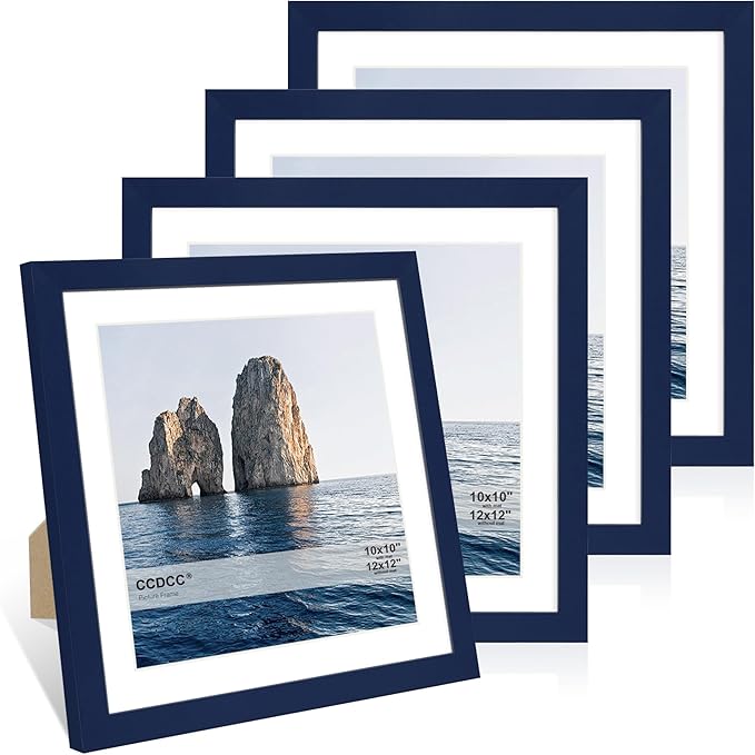 12x12 Picture Frame Set of 4, 12 x 12 Wood Photo Frames with Mat for 10x10 or 30x30cm Diamond Painting Art, Wooden Frame with Real Glass Cover for Wall and Tabletop Display,Blue-Ruum Studio Home