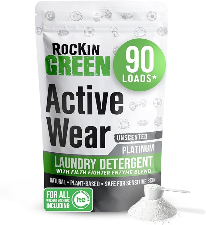 Rockin' Green Laundry Detergent, Plant based, All Natural Laundry Detergent Powder, Vegan and Biodegradable Odor Fighter, Safe for Sensitive Skin (Active Wear 90 Loads - Unscented)-Ruum Studio Home