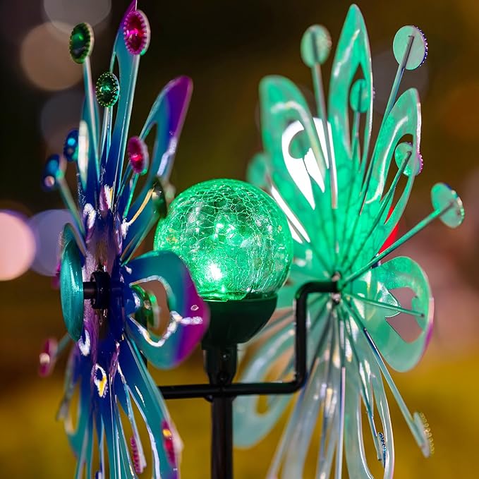 Solar Wind Spinners, 60.63" Outdoor Metal Stake Yard Wind Sculpture,Solar Powered Multi-Color LED Glass Ball with Kinetic Wind Spinners for Yard and Garden Lawn Patio Decor-Ruum Studio Home
