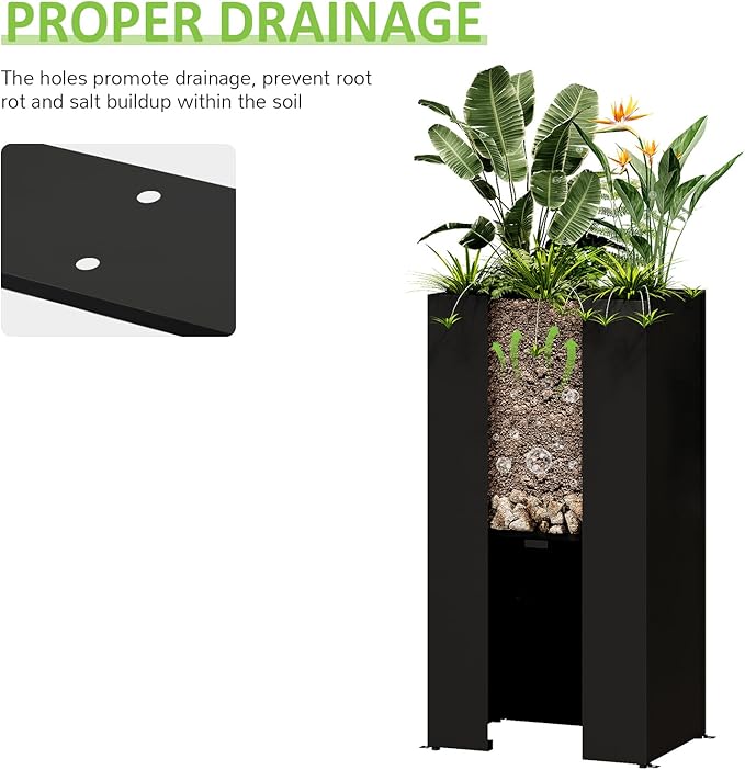 Set of 2 Planter Box Outdoor 30"H x 14.4"W x 13.6"D- Tall Planters for Outdoor Patio/Porch, All-Weather with Anti-dumping Kit, Durable Galvanized Steel, Modern Design for Plants, Flower, Garden-Ruum Studio Home