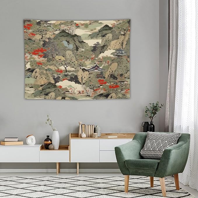 Asian Tapestry, Japanese Red Landscape, Bedroom & Living Room Decor, 40"x30"-Ruum Studio Home