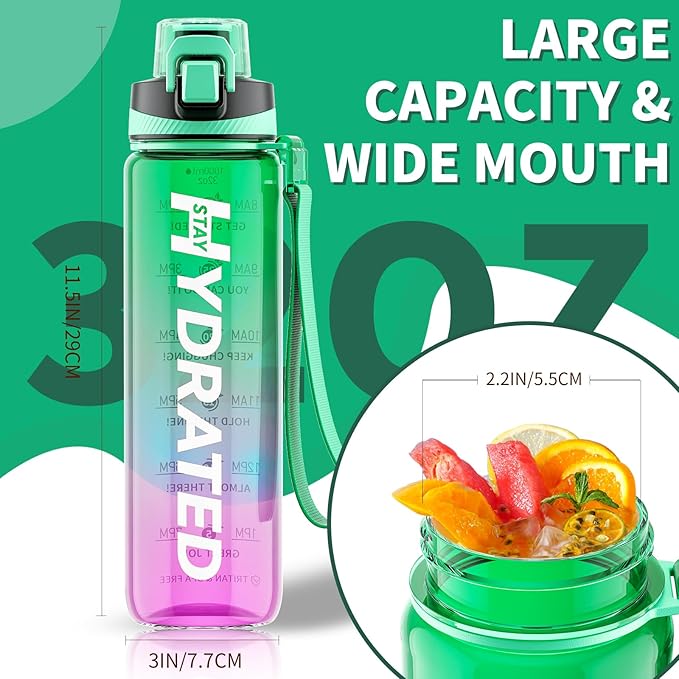 Water Bottle, 32 oz Motivational Water Bottles with Time Marker-Tritan & BPA Free, Sports Water Bottle with Time to Drink & Strap, Wide Mouth, Leakproof -Gift for Christmas Gym Fitness & Outdoor-Ruum Studio Home
