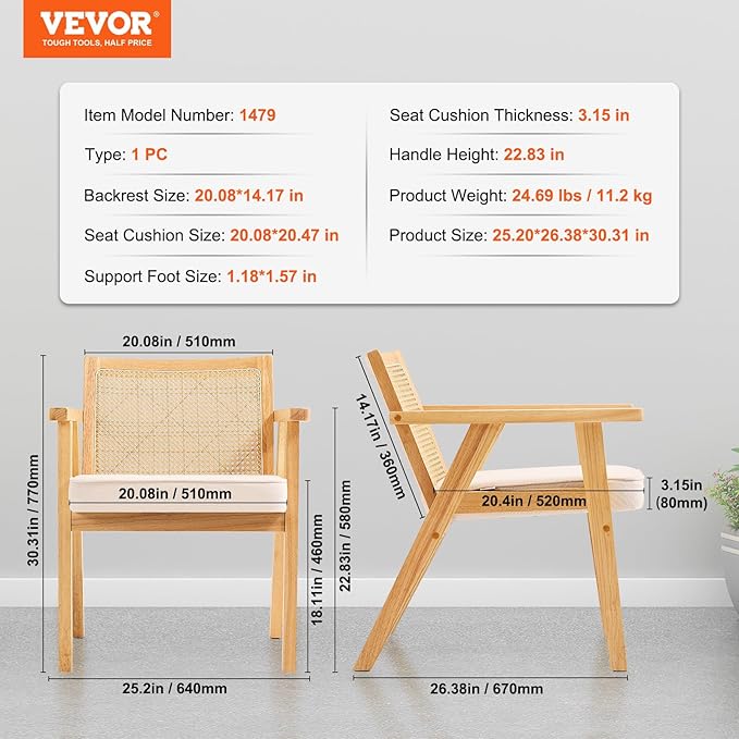 VEVOR Mid Century Modern Rattan Chair, Upholstered Velvet Accent Chair with Rattan Back, Retro Living Room Chair for Living Room, Bedroom, Reading Room, and Office, Beige-Ruum Studio Home