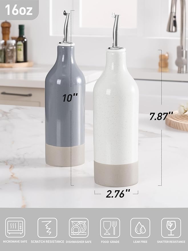 famiware Milkyway 16oz Ceramic Olive Oil Dispenser Bottle, Olive Oil and Vinegar Dispenser Bottle Set of 2 with Stainless Steel Pourers, Suitable for Storage Vinegar, Liquids, White and Dark Gray-Ruum Studio Home