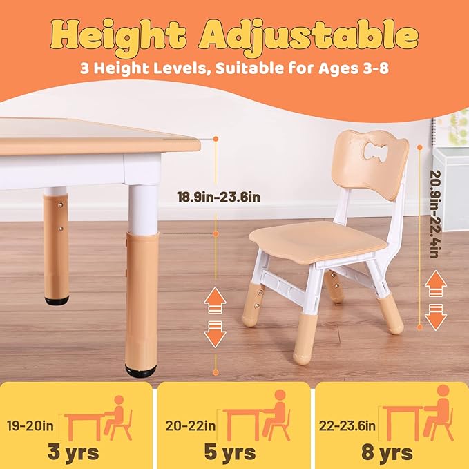 FUNLIO Kids Table and 4 Chairs Set, Height Adjustable Toddler Table and Chair Set for Ages 3-8, Easy to Wipe Arts & Crafts Table, for Classrooms/Daycares/Homes, CPC & CE Approved（5-Piece Set）-Ruum Studio Home