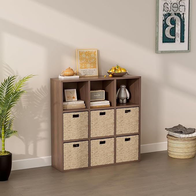 9-Cube Storage Shelf Bookcase - Wooden 3-Tier Floor Standing Open Bookshelf for Home and Office, Cuby Orgainzer, Walnut-Ruum Studio Home