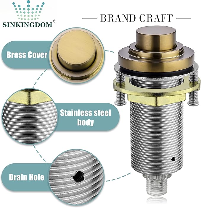 SinkTop Air Switch Kit (Long Full Brass Button) for Garbage Disposal, Cordless Champagne Bronze-Ruum Studio Home