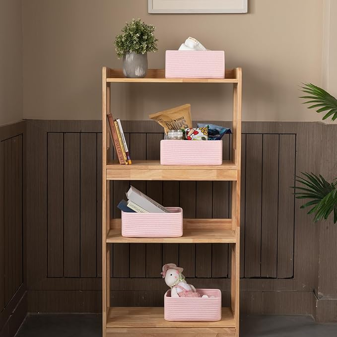 4 Pack Small Storage Shelf Baskets for Organizing, Mini Woven Rope Storage Bins for Towels, Cute Decorative Closet Organizer，Baby Nursery, Gift Empty Baskets -11.81''Lx7.87''Wx4.72''H-Pink-Ruum Studio Home