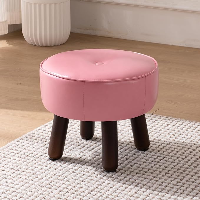 Small Foot Stool Round Pouf Ottoman, 13'' Leather Foot Rest with Non-Skid Rubber Legs, Foolstool Ottomans for Couch, Sofa Footrest Step Stool for Living Room Bedroom Entryway Office, Pink-Ruum Studio Home