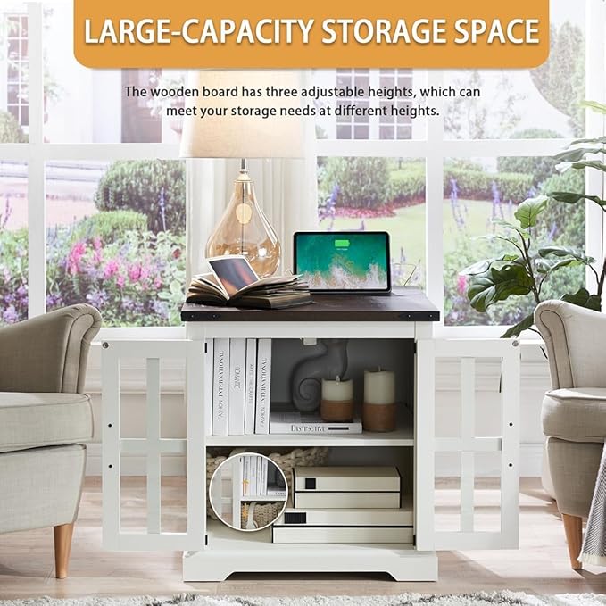 Farmhouse End Table with Charging Station,24" Large Sofa Side Table with Glass Barn Door, Rustic Wood Nightstand Bedside Table with Adjustable Storage Shelf for Living Room, Bedroom,White-Ruum Studio Home