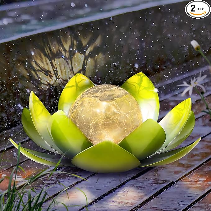 Garden Solar Light Outdoor(2Pack),Crackle Globe Glass Lotus Decoration, Waterproof Metal LED Flower Lights for Patio,Lawn,Walkway,Tabletop,Ground-Ruum Studio Home