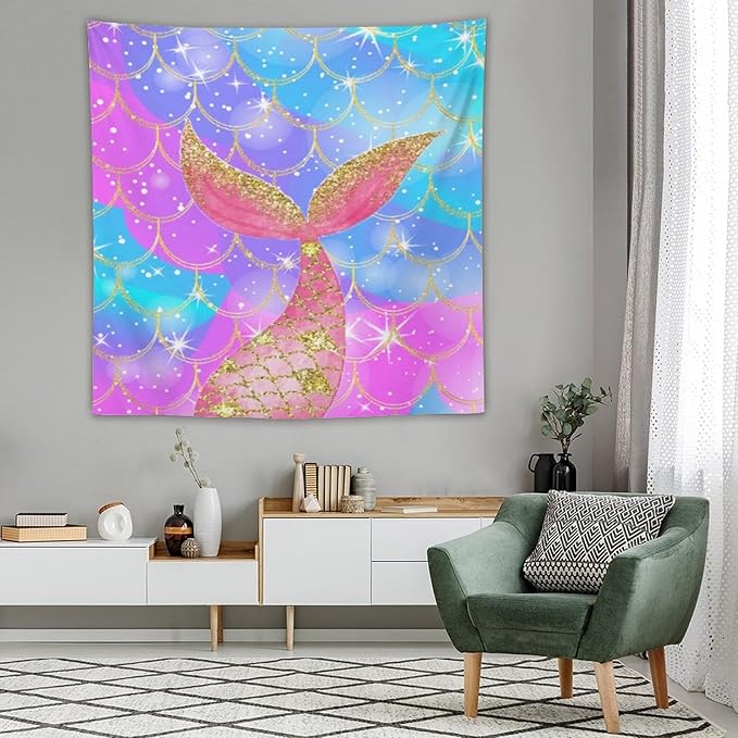 HZOHNAGO Mermaid Scales Tapestry Colorful Shiny Scales Mermaid Tail Pattern Printed Wall Tapestry Wall Hanging for Bedroom Living Room Dorm 60" W x 60" H-Ruum Studio Home
