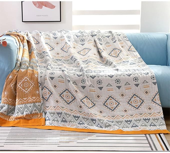 Boho Muslin Blanket for Adults 4-Layer Gauze 80 x 90 Inches Soft Cozy 100% Cotton Cooling Blanket Geometric Farmhouse Decor for Sofa Bed Coverlet Both Sides (Boho-G-Yellow, 80 x 90 in)-Ruum Studio Home