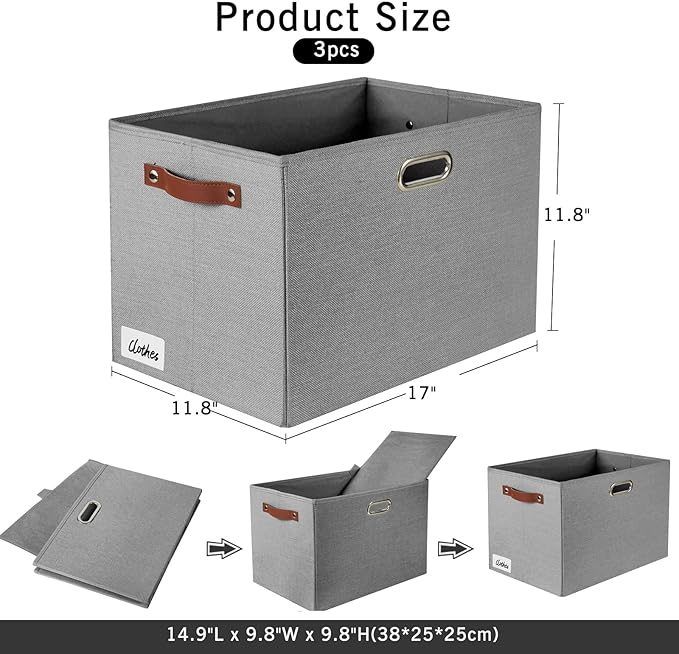 3-Pack Foldable Fabric Storage Bins with Durable PU & Metal Handles, Collapsible Storage Baskets for Shelves, Home Storage, Closet Organizers, Living Room(17"x11.8"x11.8", Grey)-Ruum Studio Home