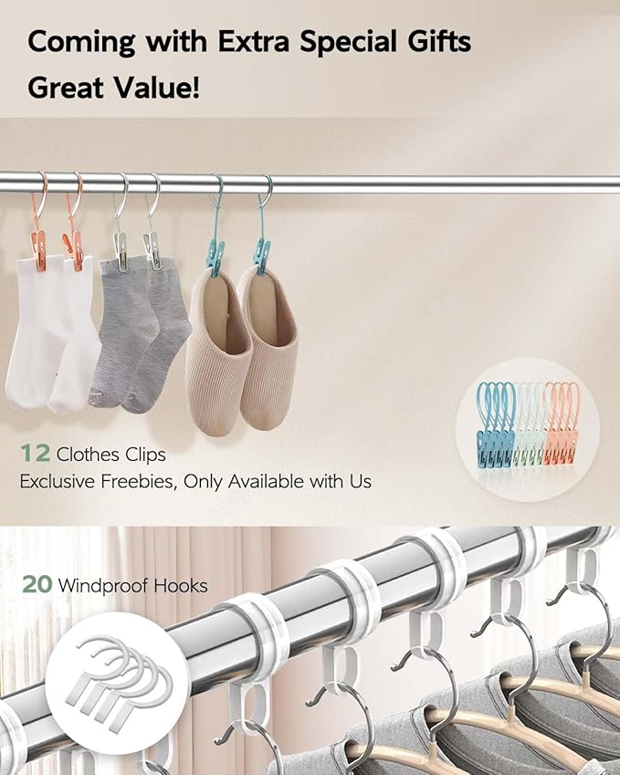 Clothes Drying Rack 95 Inches Folding Outdoor Indoor, Drying Rack Clothing Collapsible, Foldable Laundry Drying Rack, Heavy Duty Stainless Steel Clothesline, 20 Hooks 12 Clips-Ruum Studio Home
