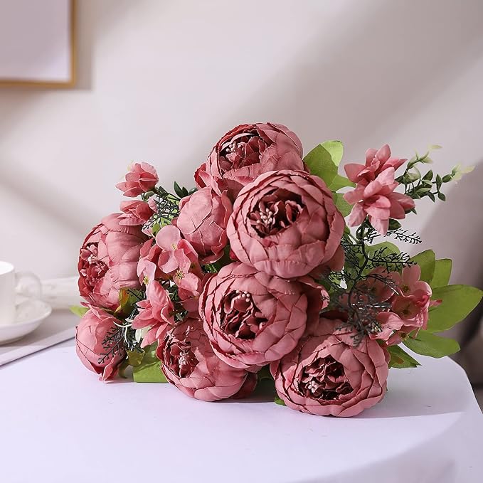 Duovlo Artificial Peony Silk Flowers Fake Flowers Vintage Wedding Home Decoration,Pack of 1 (Rosy Brown)-Ruum Studio Home