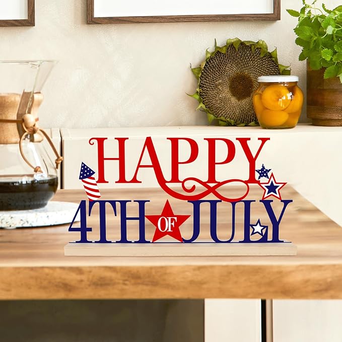 COCHIE Metal Happy 4th of July Sign, Red Blue and White Decorations for Home, Office, Shelf, Mantel, Indoor, Fouth of July Decoration, Patriotic Star Decor (Independence Day)-Ruum Studio Home