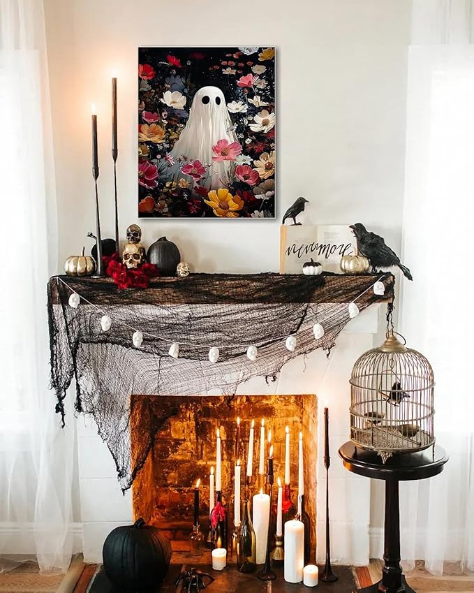 Halloween Canvas Wall Art,Vintage Cute Ghost & Wildflowers Framed Poster, Spooky Fall Decorations for Indoor, Gothic Dark Academia Wall Decor, Funny Halloween Decorations for Living Room Bedroom-Ruum Studio Home